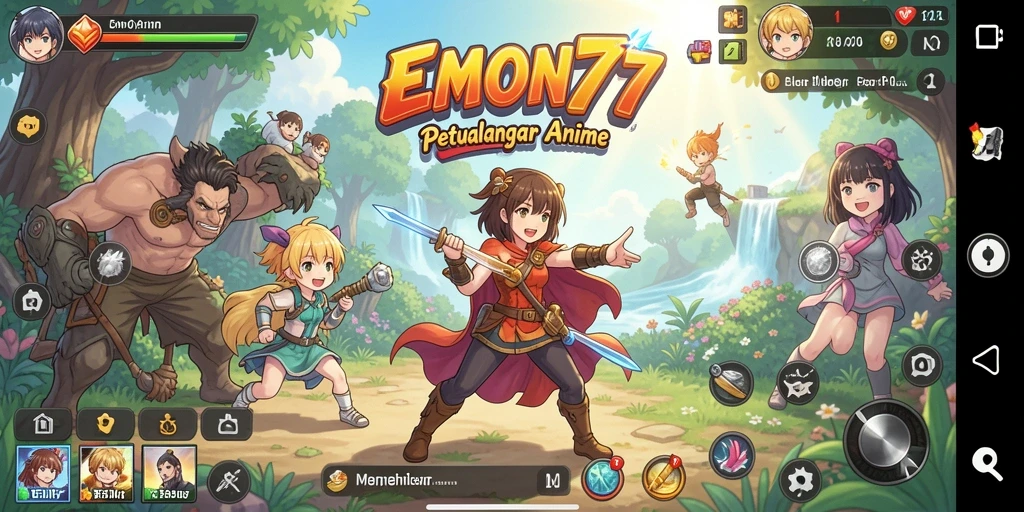 Screenshot gameplay EMON77 menunjukkan aksi seru dan karakter anime yang menawan.