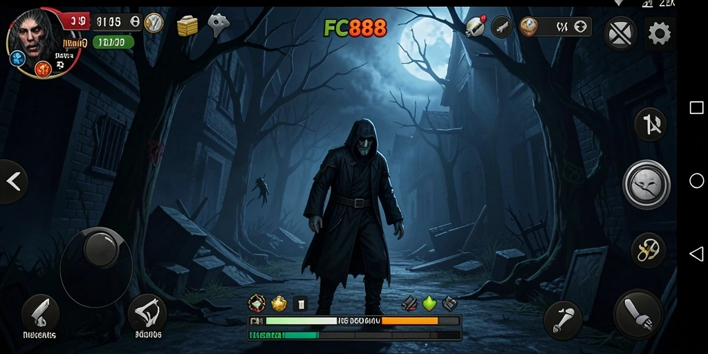 Screenshot gameplay FC888 menampilkan suasana menegangkan dalam lingkungan horor.