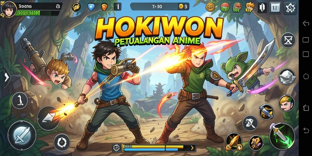Screenshot HOKIWON menampilkan aksi pertarungan karakter anime yang dramatis.