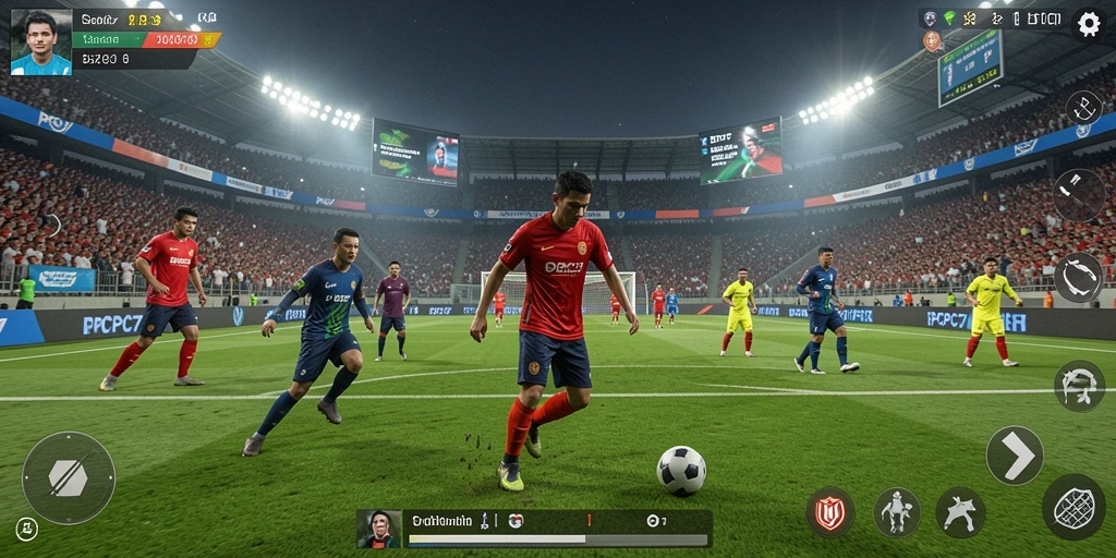 Tangkapan layar gameplay PCPC7 dengan aksi sepak bola yang seru.