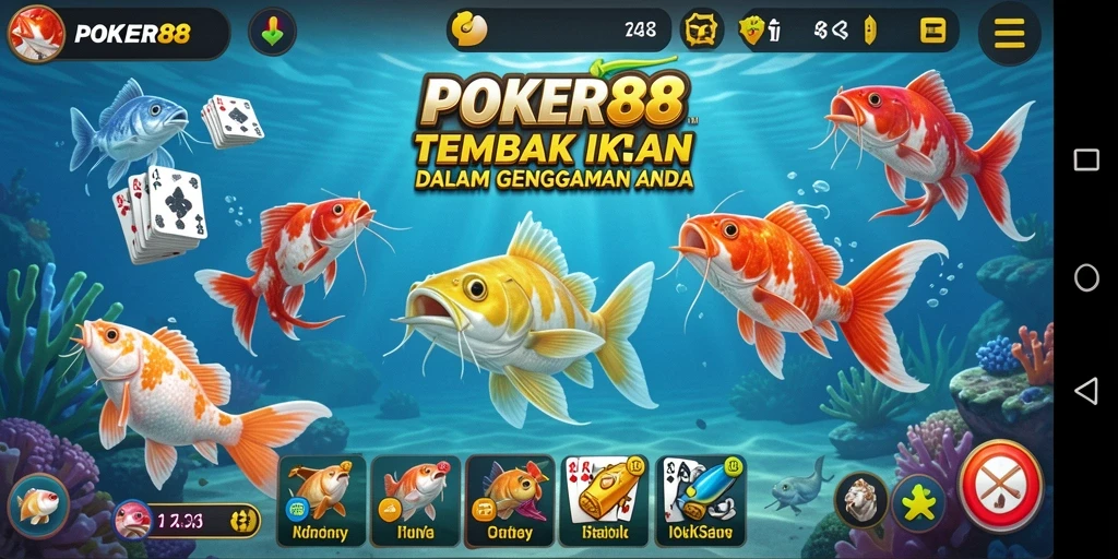 Screenshot menunjukkan gameplay seru dalam POKER88 saat menangkap ikan.