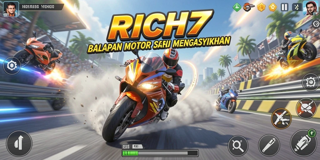 Tampilan gameplay RICH7 dalam aksi balapan motor yang menegangkan.